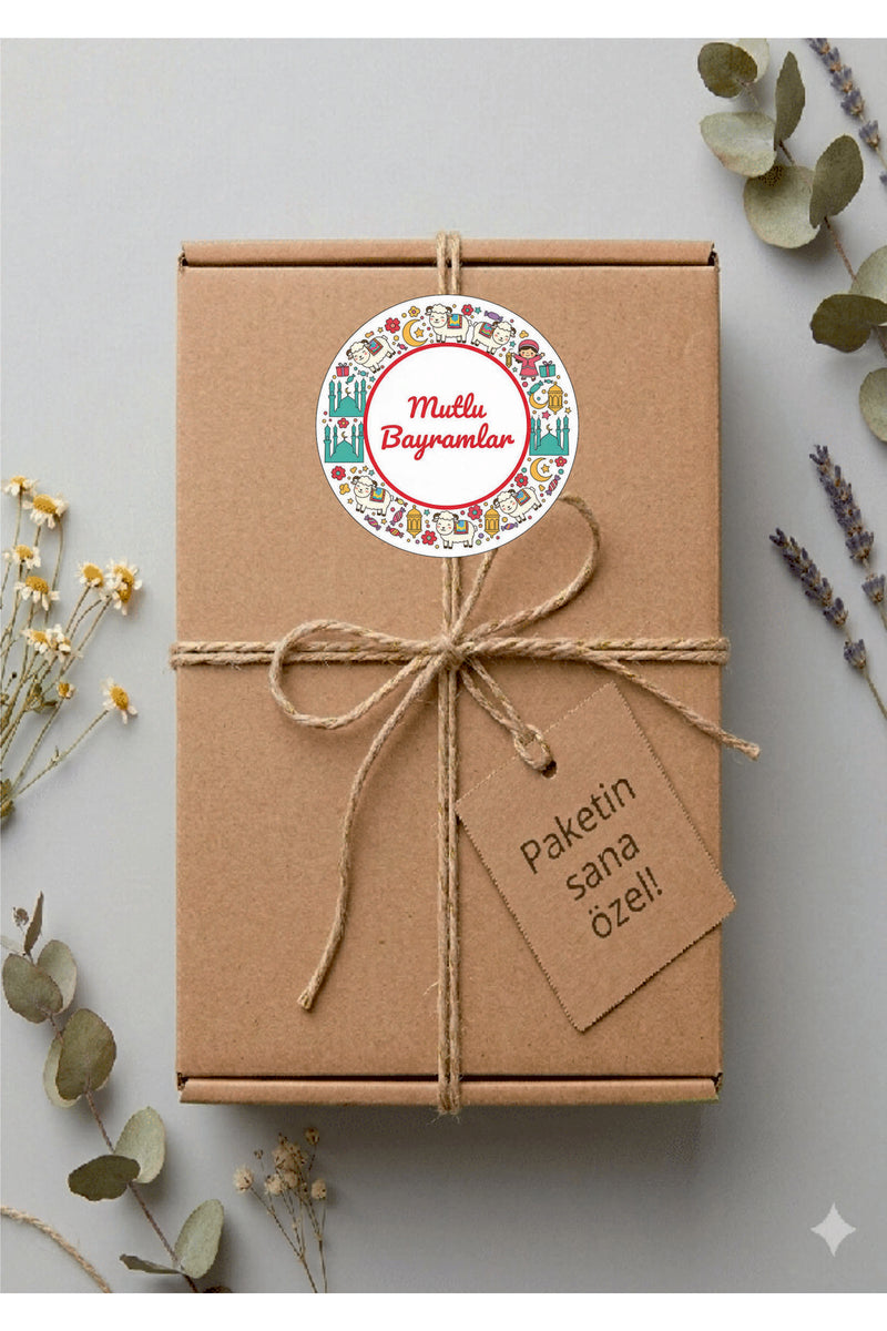 Mutlu Bayramlar yazılı, Paketleme Kutularına Özel Tasarım Etiketler 4 cm Çapında 15 Adet Etiket