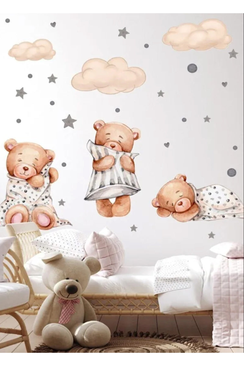 3'lü Uyuyan Ayıcık Bulutlar Ve Yıldızlar Çocuk Bebek Odası Sticker Seti