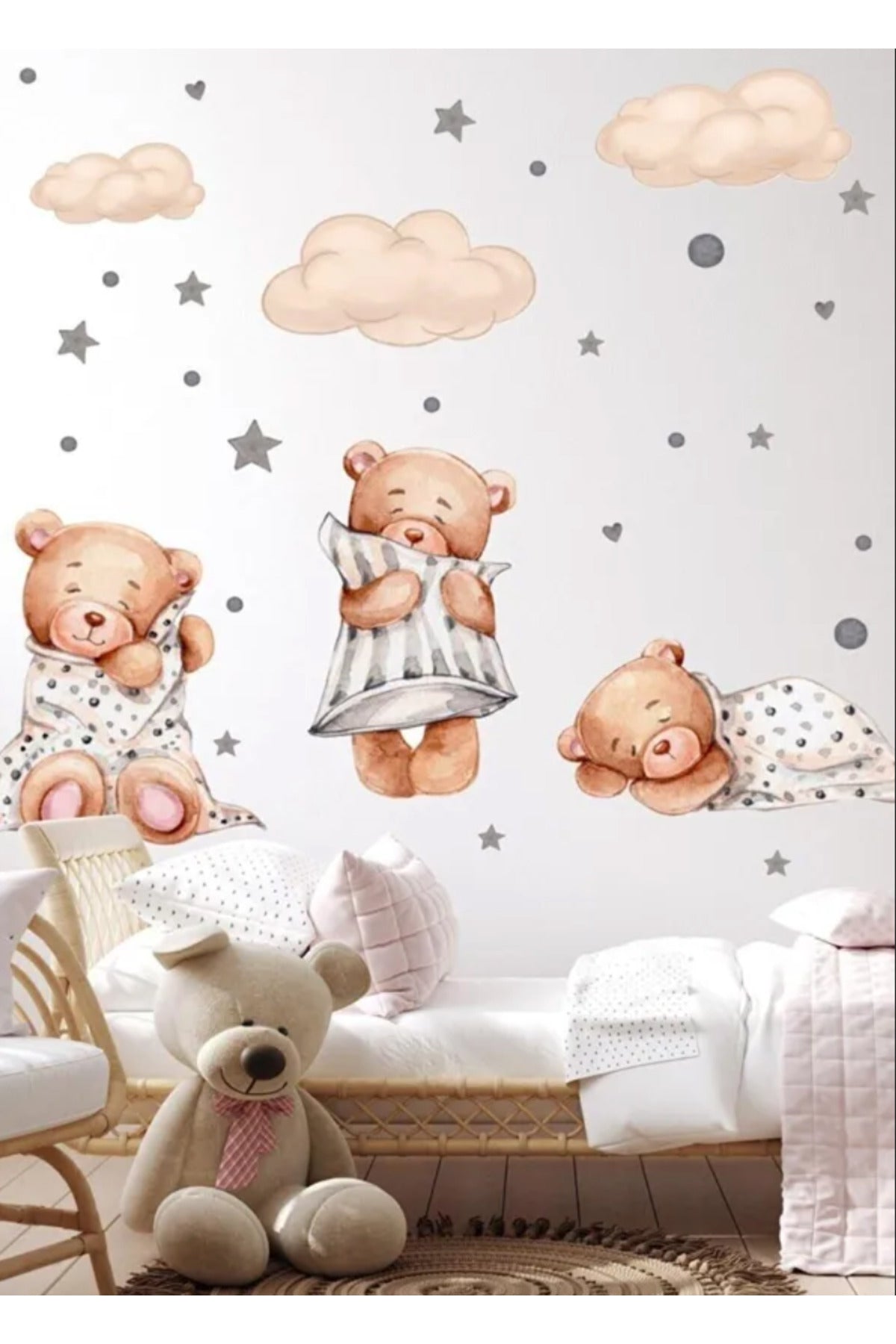 3'lü Uyuyan Ayıcık Bulutlar Ve Yıldızlar Çocuk Bebek Odası Sticker Seti