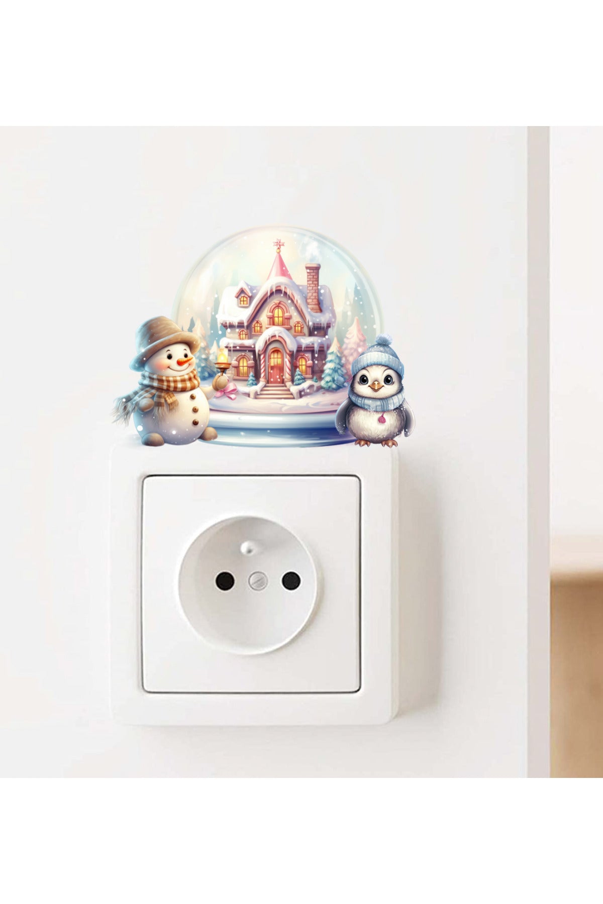 Priz Yeniyıl Kar Küresi Penguen ve Kardan Adam Dekoratif Priz Sticker