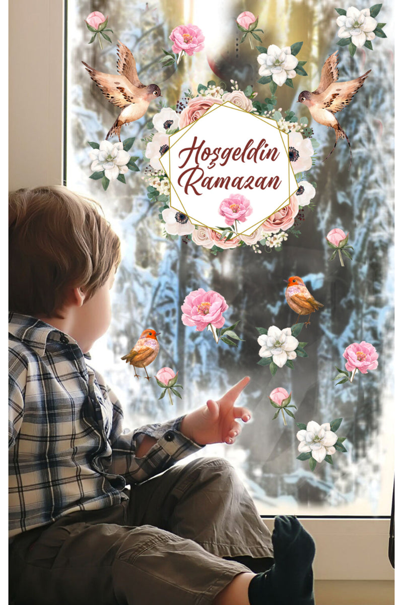 Hoşgeldin Ramazan Kuşlar Çiçekler Dekoratif Cam Duvar Sticker Seti