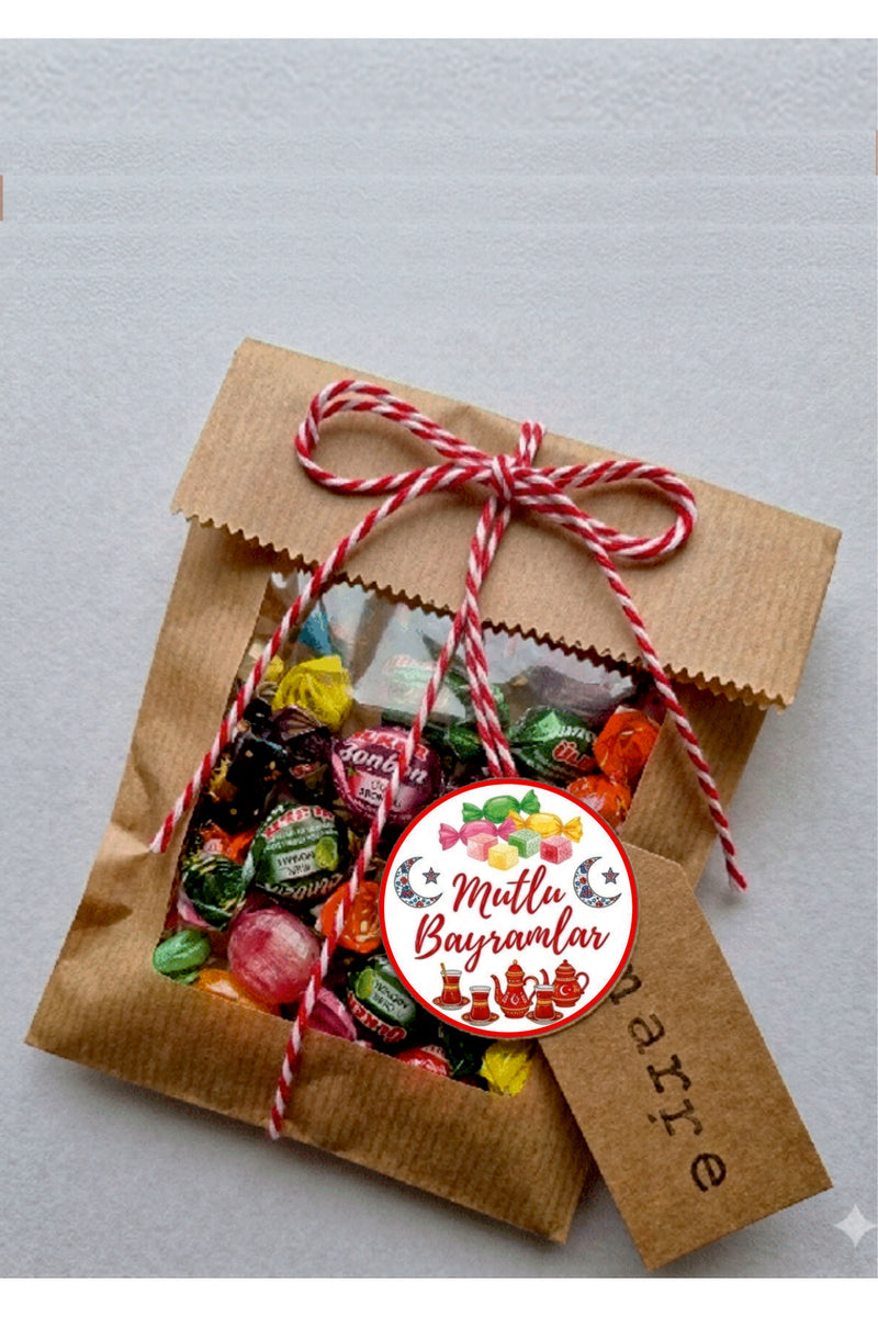 Mutlu Bayramlar yazılı, Paketleme Kutularına Özel Tasarım Etiketler 4 cm Çapında 15 Adet Etiket