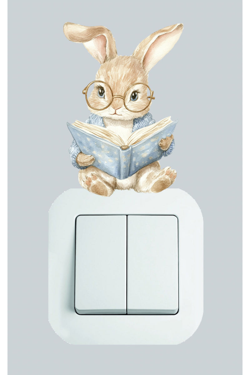- Priz - Mavi Kitap Okuyan Tavşan Dekoratif Priz Duvar Sticker