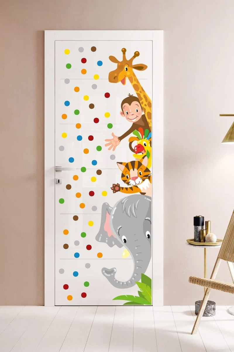 Safari Hayvanlar Kapı Dolap Ve 65 Adet Puantiye Duvar Sticker Seti