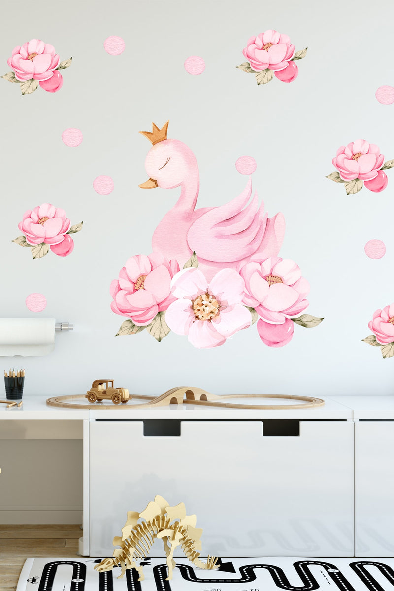 Pembe Çiçekli Kuğu Ve Puantiyeler Duvar Sticker Seti