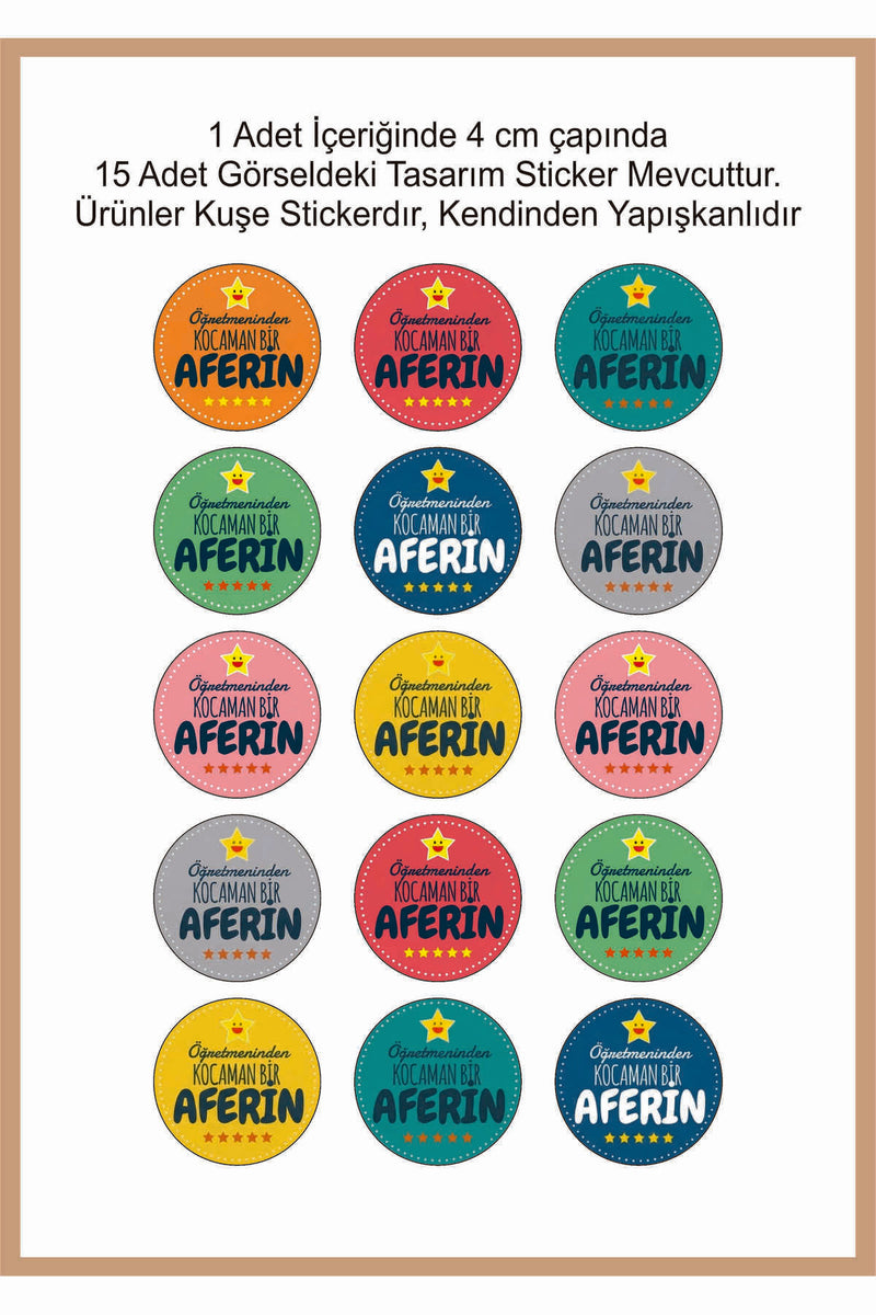 60 Adet Öğretmenler Için Öğrencilerine Renkli Aferin Etiketi Yapışkanlı Yuvarlak Sticker 4 cm boyut