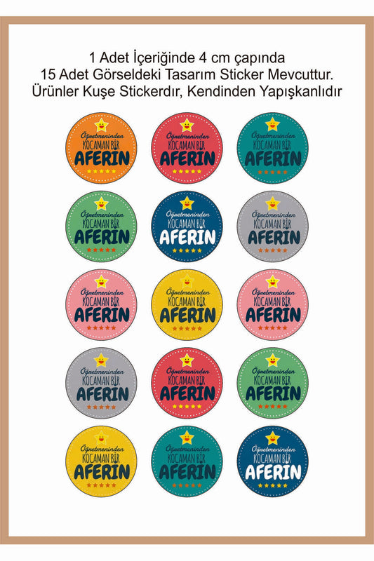 60 Adet Öğretmenler Için Öğrencilerine Renkli Aferin Etiketi Yapışkanlı Yuvarlak Sticker 4 cm boyut