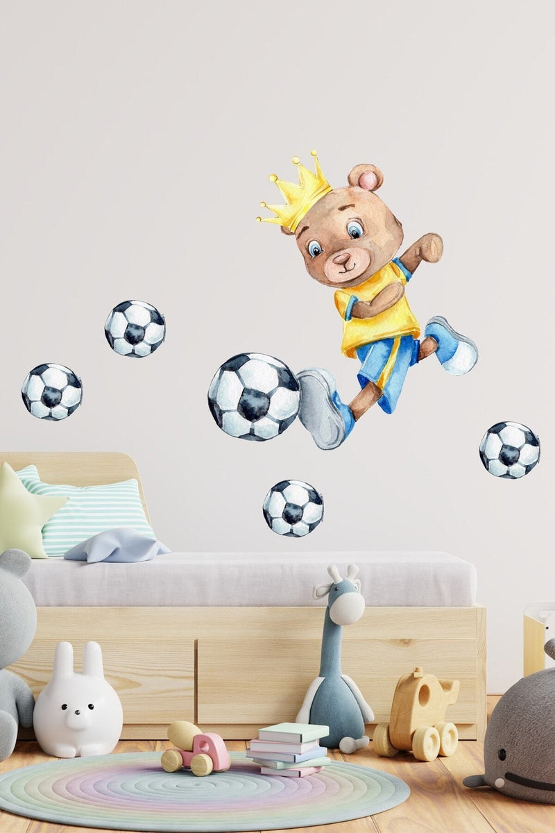 Sarı Kırmızı Futbolcu Ayıcık Duvar Sticker Seti