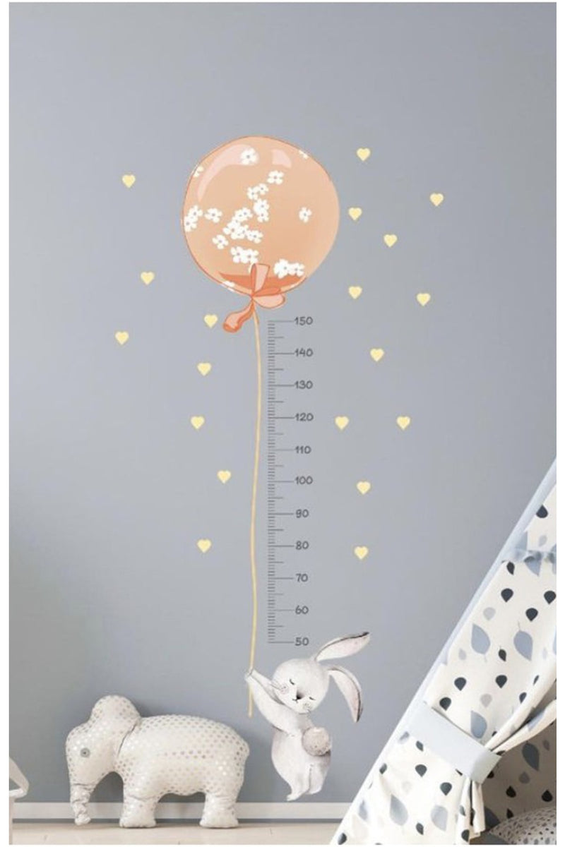 Sim181 - Turuncu Balonlu Tavşan Boy Ölçer Duvar Sticker Renkli