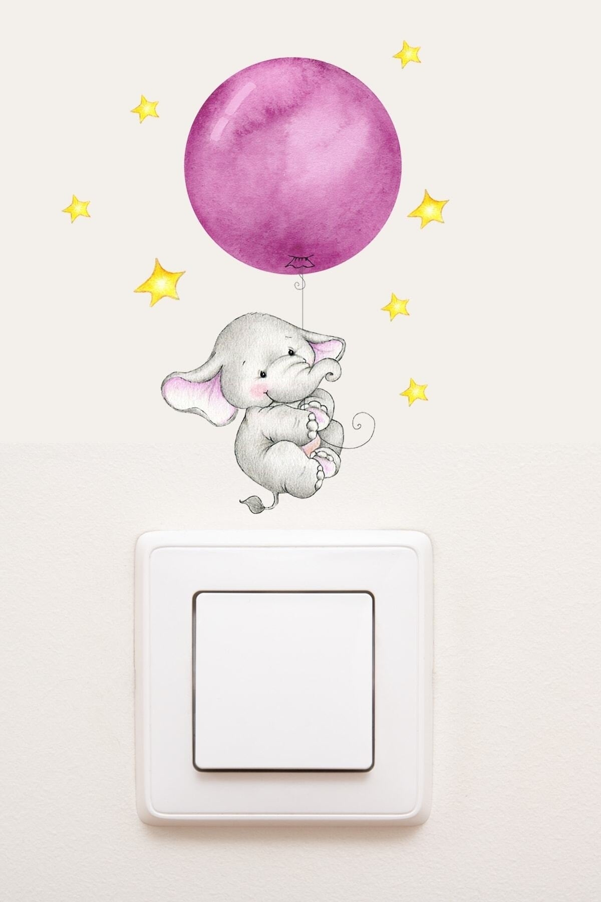 - Priz - Pembe Balonlu Fil Dekoratif Priz Sticker - Sim736