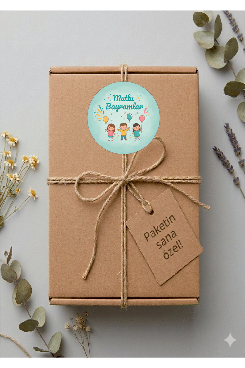 Mutlu Bayramlar yazılı, Paketleme Kutularına Özel Tasarım Etiketler 4 cm Çapında 15 Adet Etiket