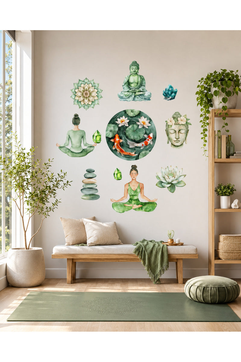 Zen Yoga Stüdyo Duvar Sticker Seti Mandala Lotus Kristal Budha Dekor Etiket Seti