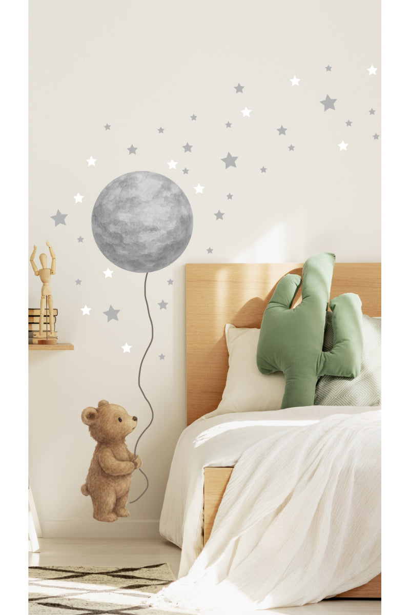 Pastel Balonlu Bebek Ayıcık - Ay ve Yıldızlar Dekoratif Çocuk Odası Duvar Sticker Seti