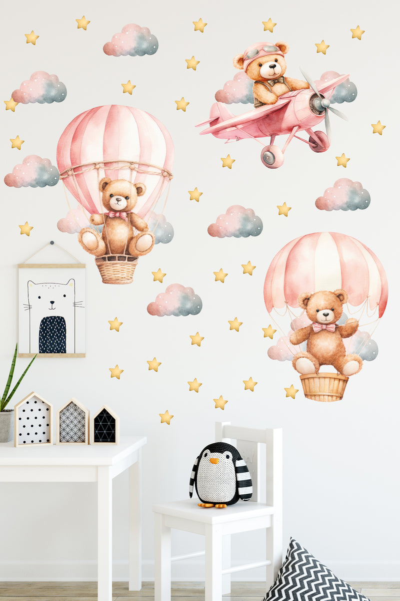 Pembe Havabalonunda Sevimli Ayıcıklar Bulutlar ve Pembe Uçak Çocuk Odası Duvar Sticker