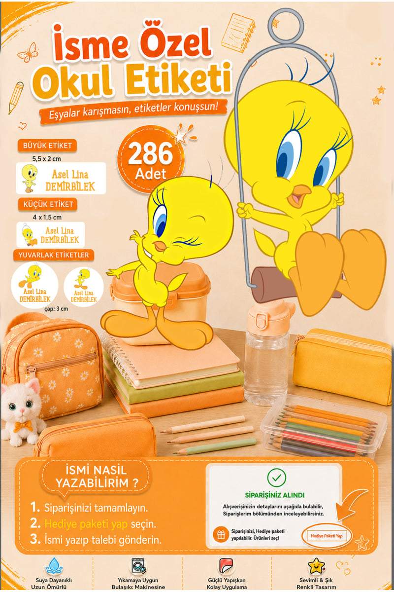 Tweety Okul Etiketi Kalem Defter Etiketi Özel İsim Yazılabilen Etiket 286 Adet İsim Etiketi