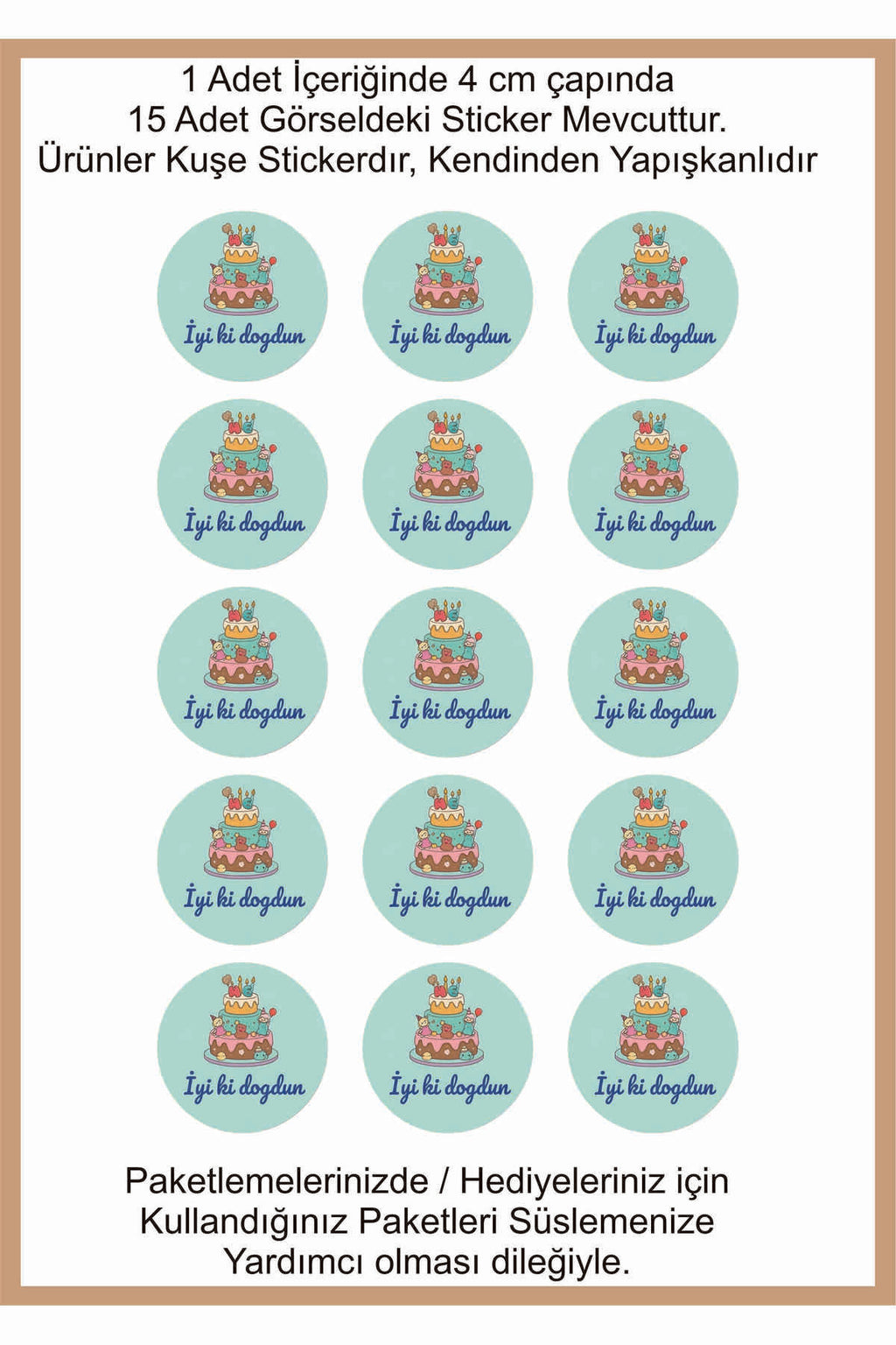 Doğum Günü tebrik sticker seti, 4x4 cm 15 adet Etiket seti