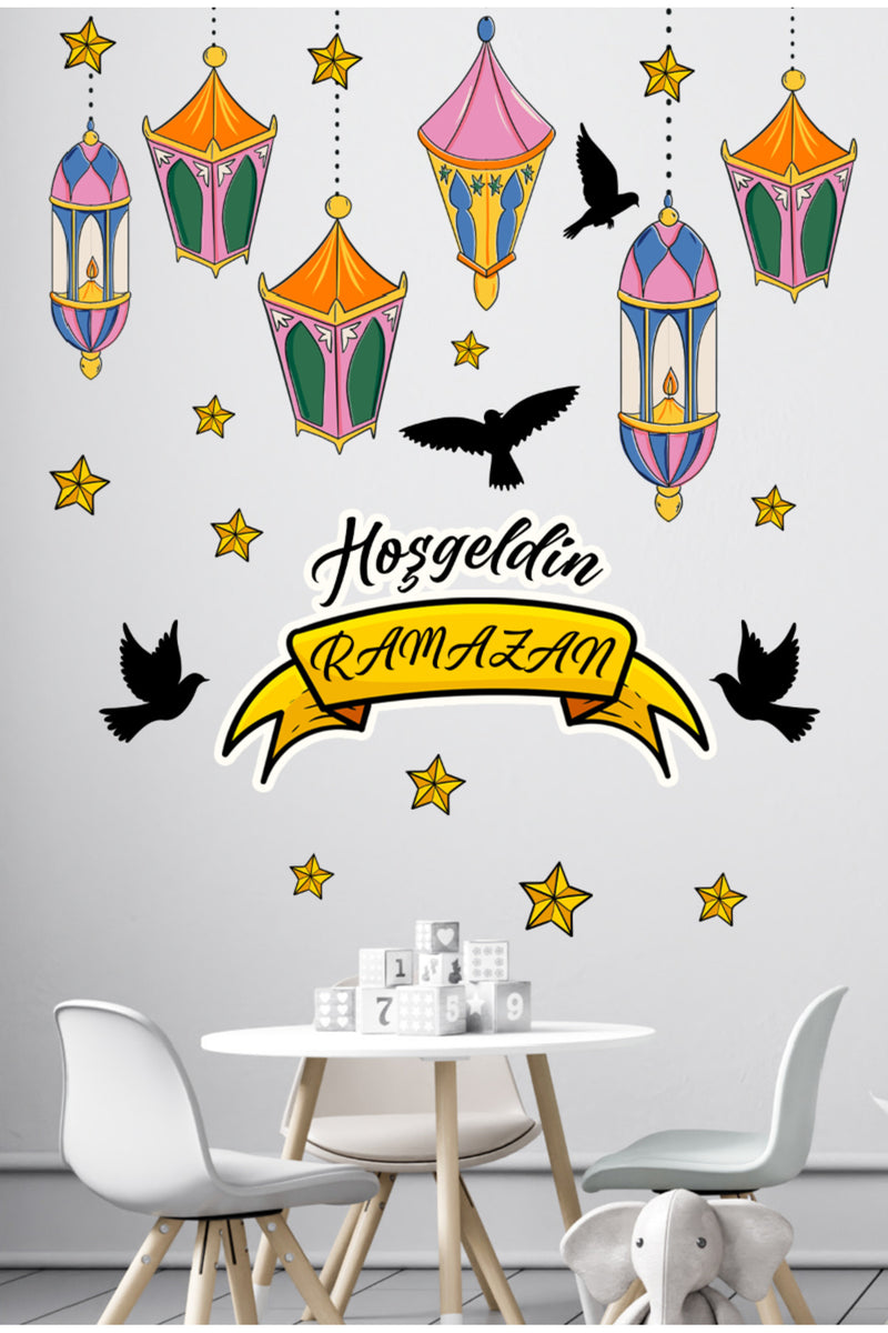 Hoşgeldin Ramazan Renkli Fener Sarkıt Kuşlar Dekoratif Cam Duvar Sticker Seti