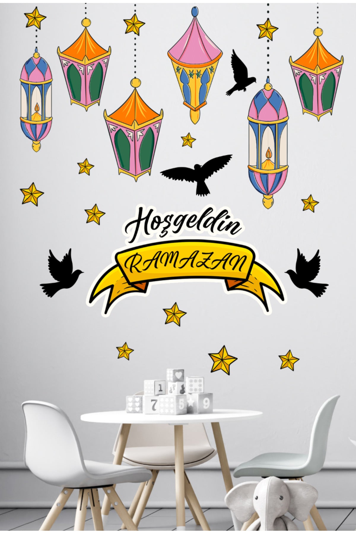 Hoşgeldin Ramazan Renkli Fener Sarkıt Kuşlar Dekoratif Cam Duvar Sticker Seti