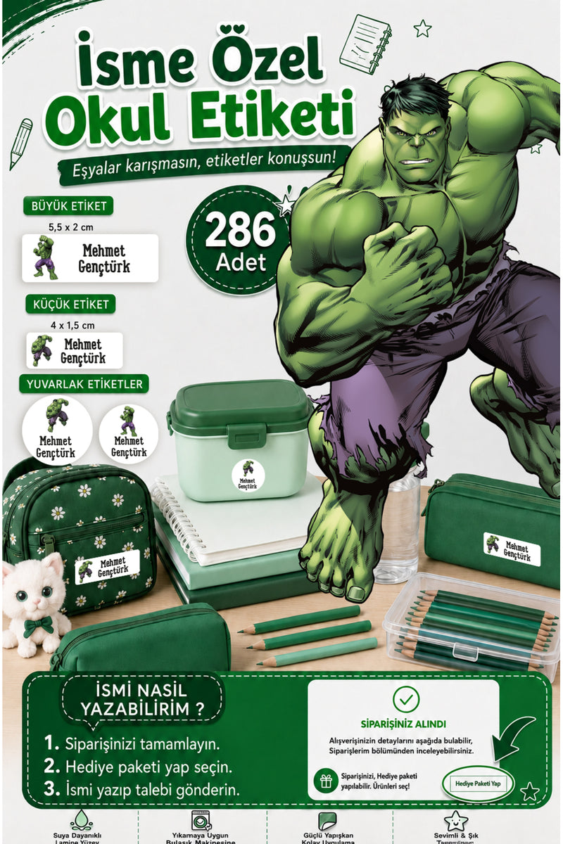 Hulk Okul Etiketi Kalem Defter Etiketi Süper Kahraman İsim Yazılabilen 286 Adet İsim Etiketi