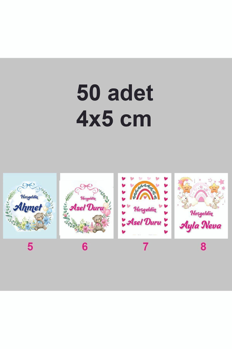 Kişiye Özel Kolonya Çikolata Özel Gün Etiketi Baby Shower Sticker 4x5 Cm 50 Adet