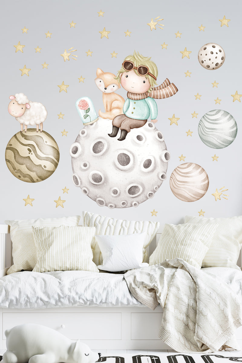 Pastel Retro Bir Küçük Prens Masalı Çocuk Odası Duvar Sticker Seti