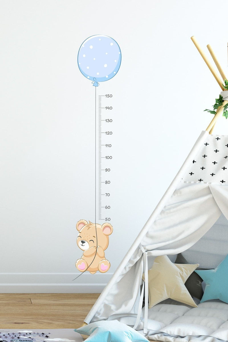 Mavi Balonlu Ayıcık Boy Ölçer Duvar Sticker Seti Simtasarım-91
