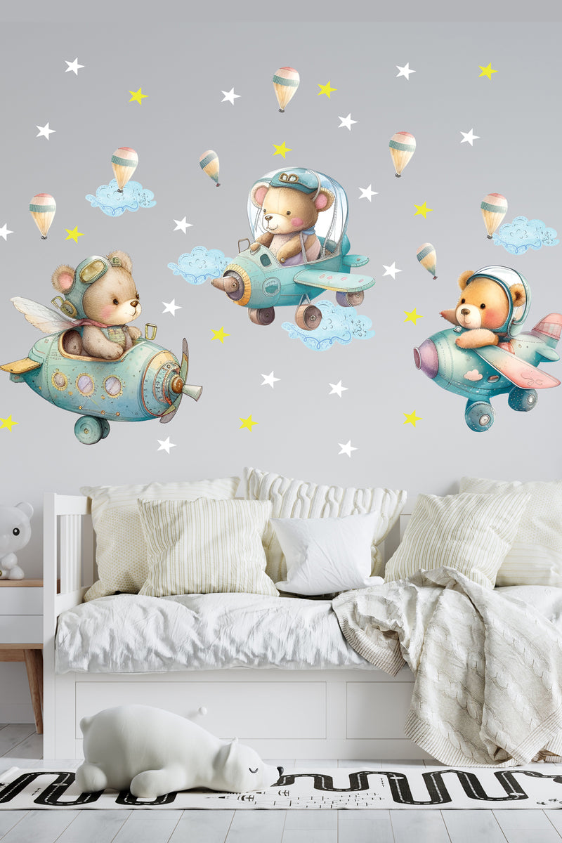 Retro Pilot Ayılar Çocuk Odası Dekoratif Duvar Sticker Seti