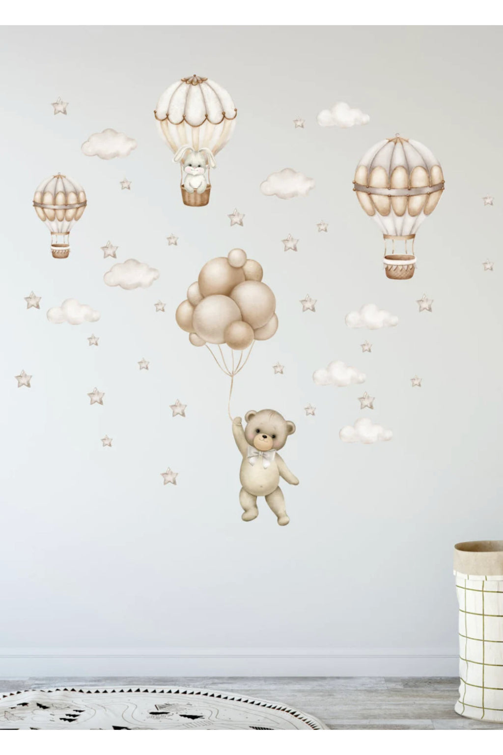 Soft Kahverengi Bej Tonlarda Uçan Balon Macerası Çocuk Odası Duvar Sticker Seti