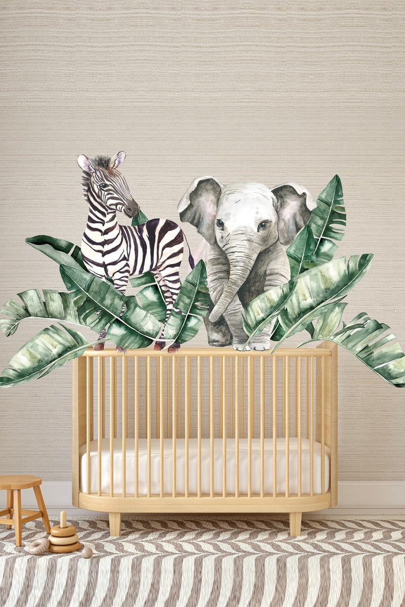 Dev Yapraklar Zebra Ve Fil Tropikal Suluboya Çocuk Odası Duvar Sticker Seti