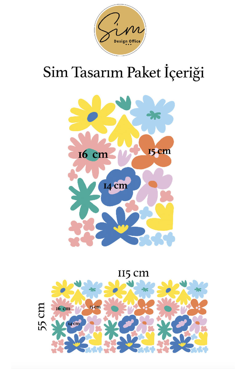 Minimal Retro Renkli Çiçekler Dekoratif Duvar Sticker Seti