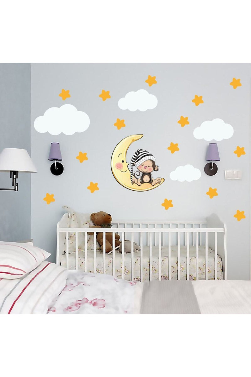 Uyuyan Maymun, Yıldız, Bulut Set Bebek Çocuk Odası Duvar Sticker