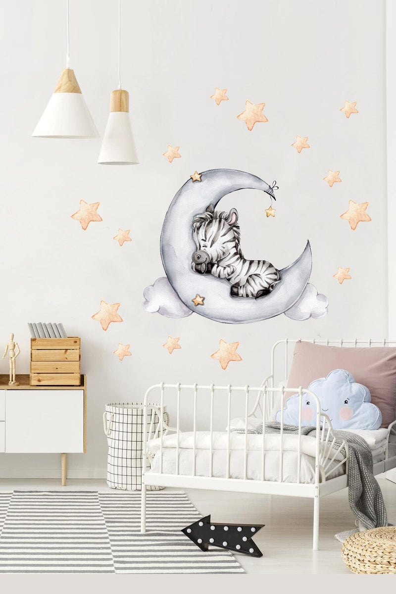 Ay Üzerinde Minik Zebra Ve Yıldızlar Çocuk Odası Duvar Sticker Seti - Sim702