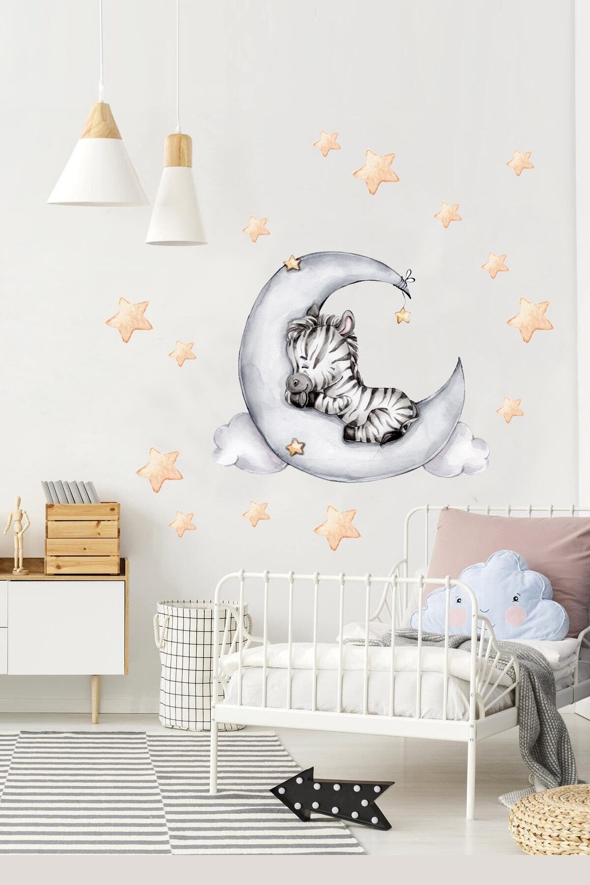Ay Üzerinde Minik Zebra Ve Yıldızlar Çocuk Odası Duvar Sticker Seti - Sim702