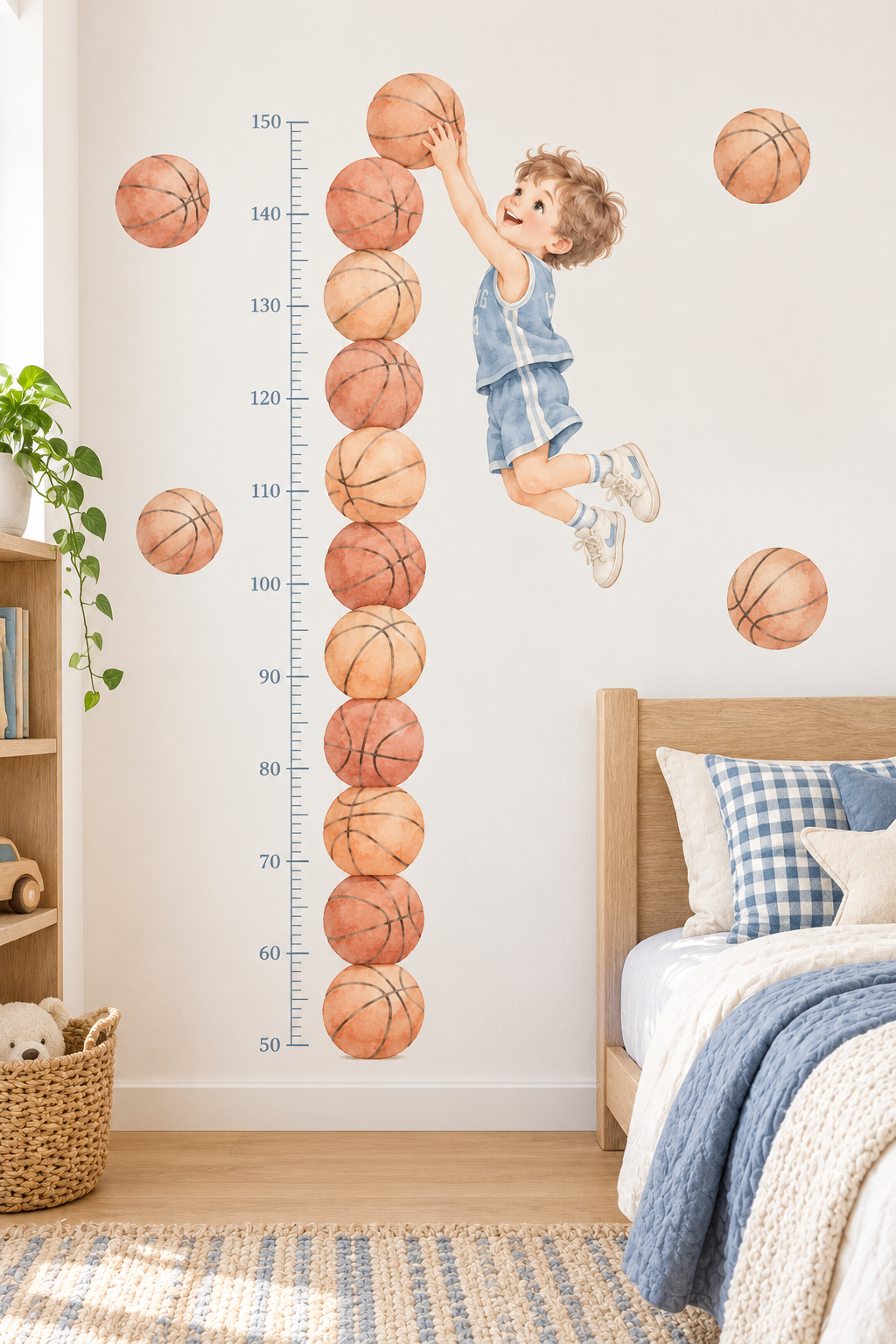 Basketbolcu Çocuk Boy Ölçer Duvar Stickerı 50–150 cm Pastel Suluboya Basketbol Temalı Çocuk Odası