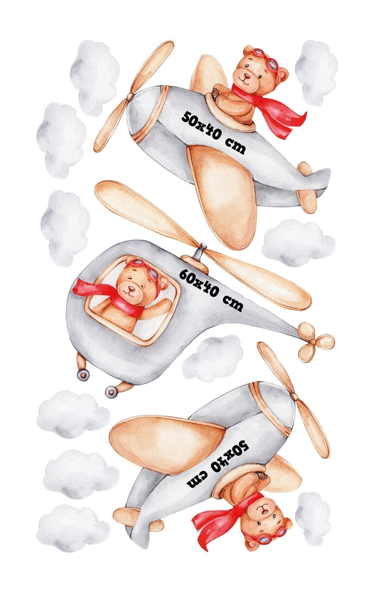 Gri Kırmızı Pilot Ayıcıklar Duvar Sticker Seti