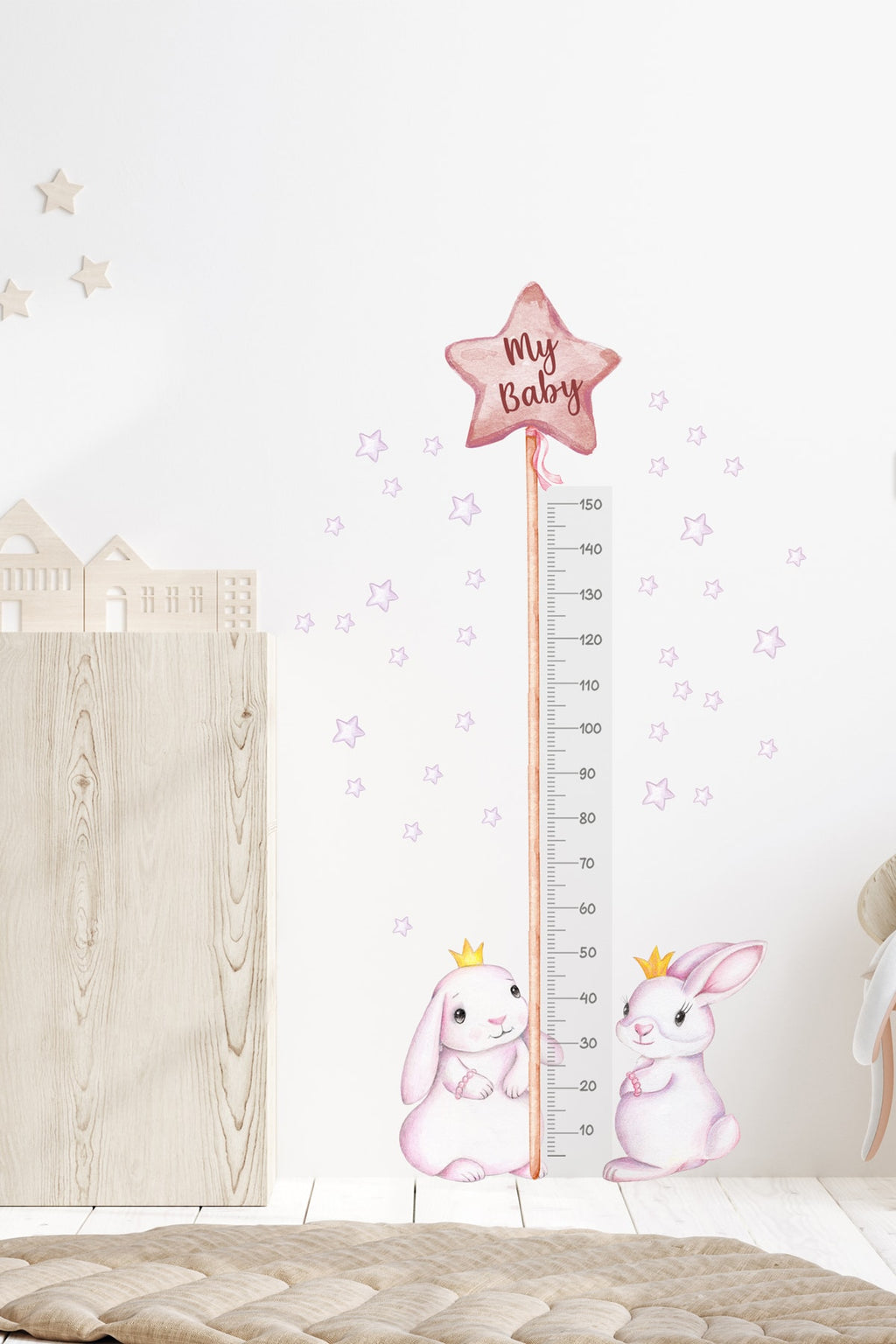 - Sm195- Pembe Balonlu Ikili Tavşanlar Boy Ölçer Duvar Sticker