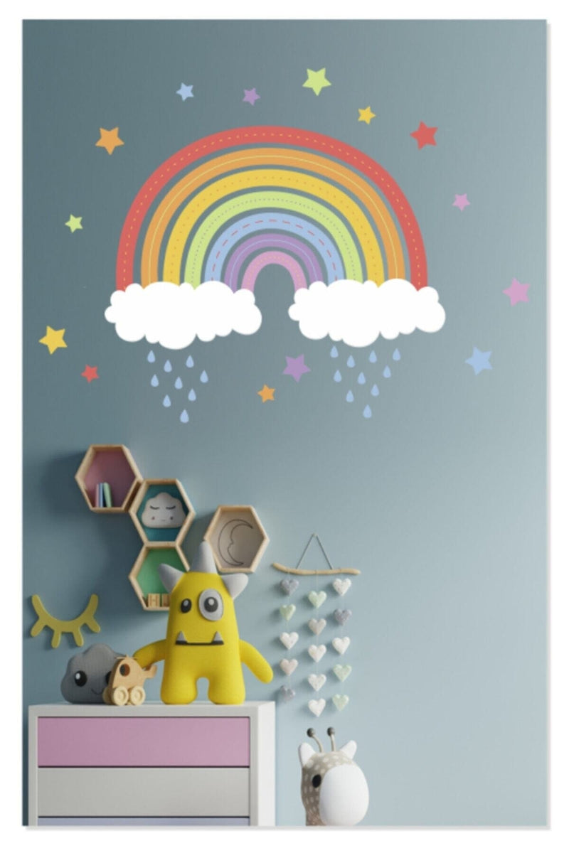 Gökkuşağı Renkli Yıldızlar Bulutlar Ve Yağmur Çocuk Odası Duvar Sticker