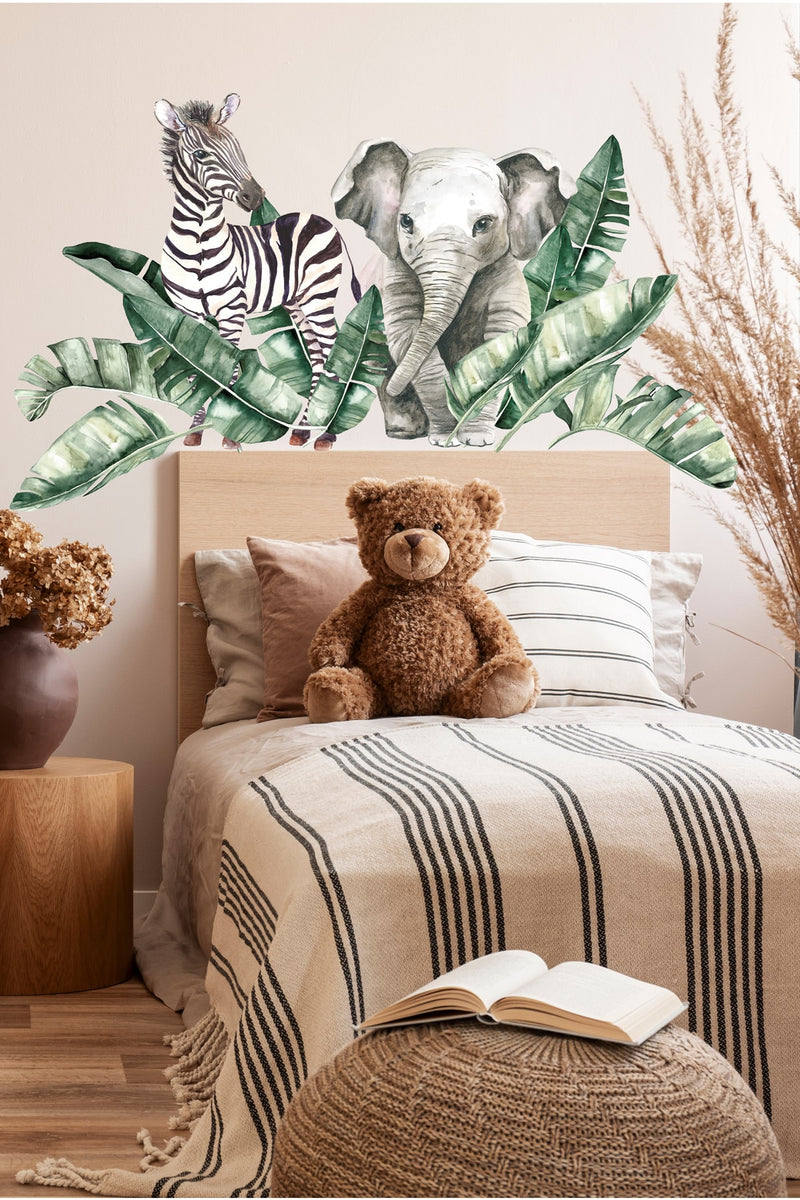 Dev Yapraklar Zebra Ve Fil Tropikal Suluboya Çocuk Odası Duvar Sticker Seti
