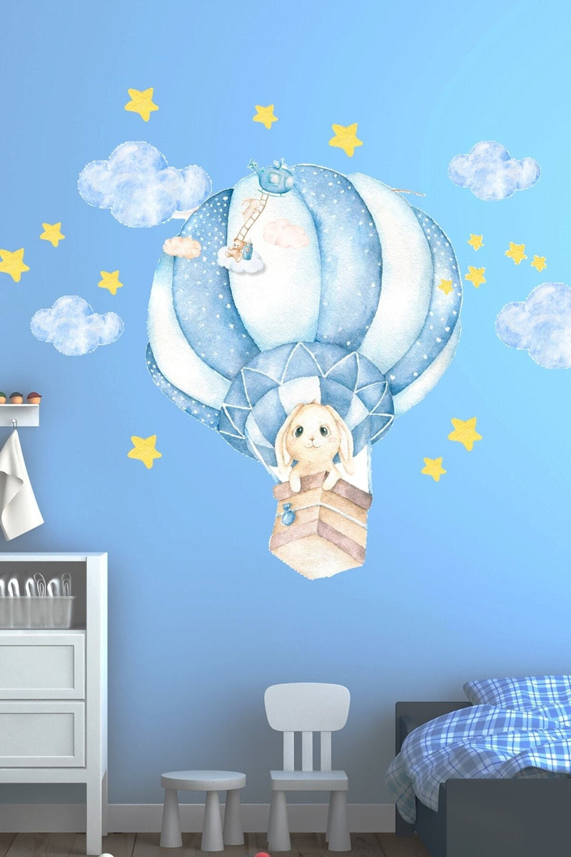 Uçan Balonlu Sevimli Tavşan Duvar Sticker Seti