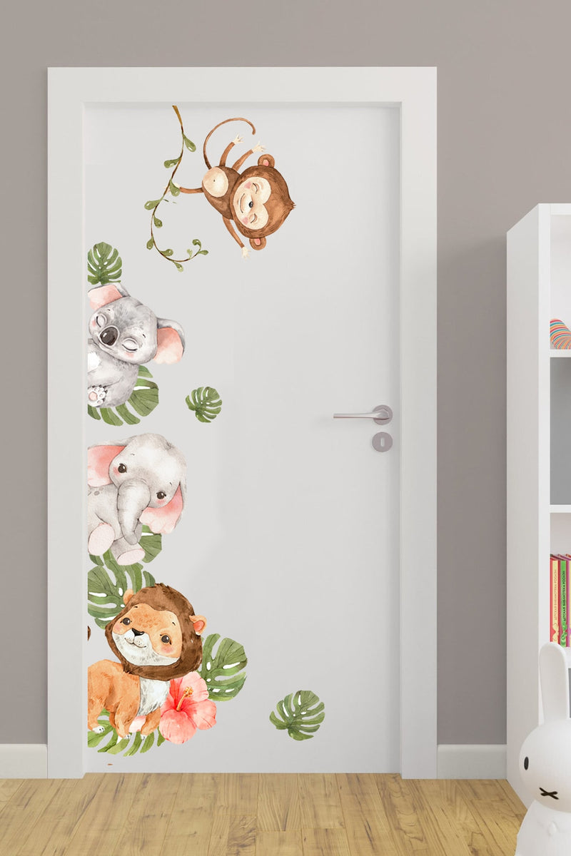 - Kapı Sticker - Suluboya Tropikal Safari Hayvanlar Çocuk Odası Kapı Sticker Seti