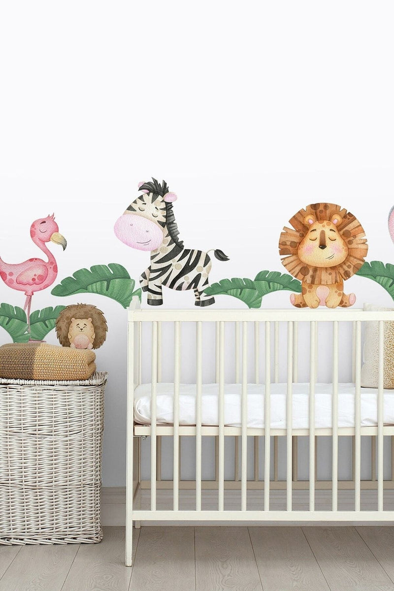 Neşeli Orman Hayvanları Flamingo Kirpi Aslan Zebra Fil Zürafa Çocuk Odası Duvar Sticker