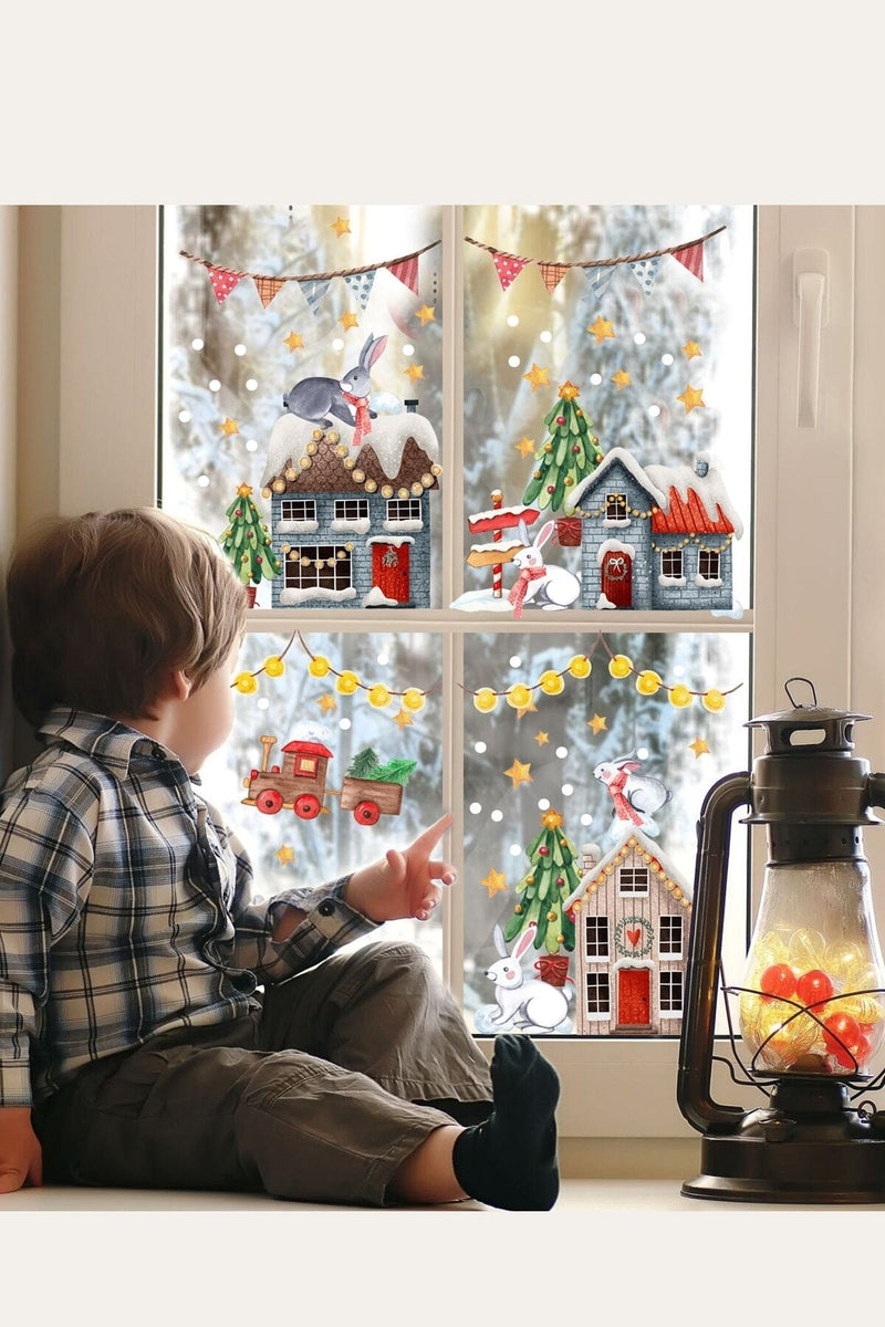 Yılbaşı Eğlenceli Tavşanlı Şehir Yeni Yıl Karlı Şehir Cam Kapı Dolap Süsleme Sticker Set