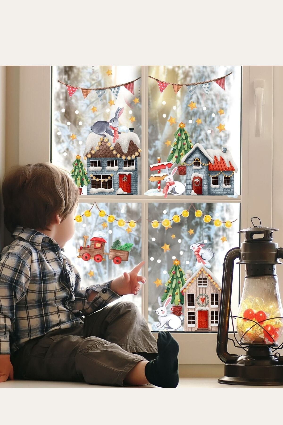 Yılbaşı Eğlenceli Tavşanlı Şehir Yeni Yıl Karlı Şehir Cam Kapı Dolap Süsleme Sticker Set