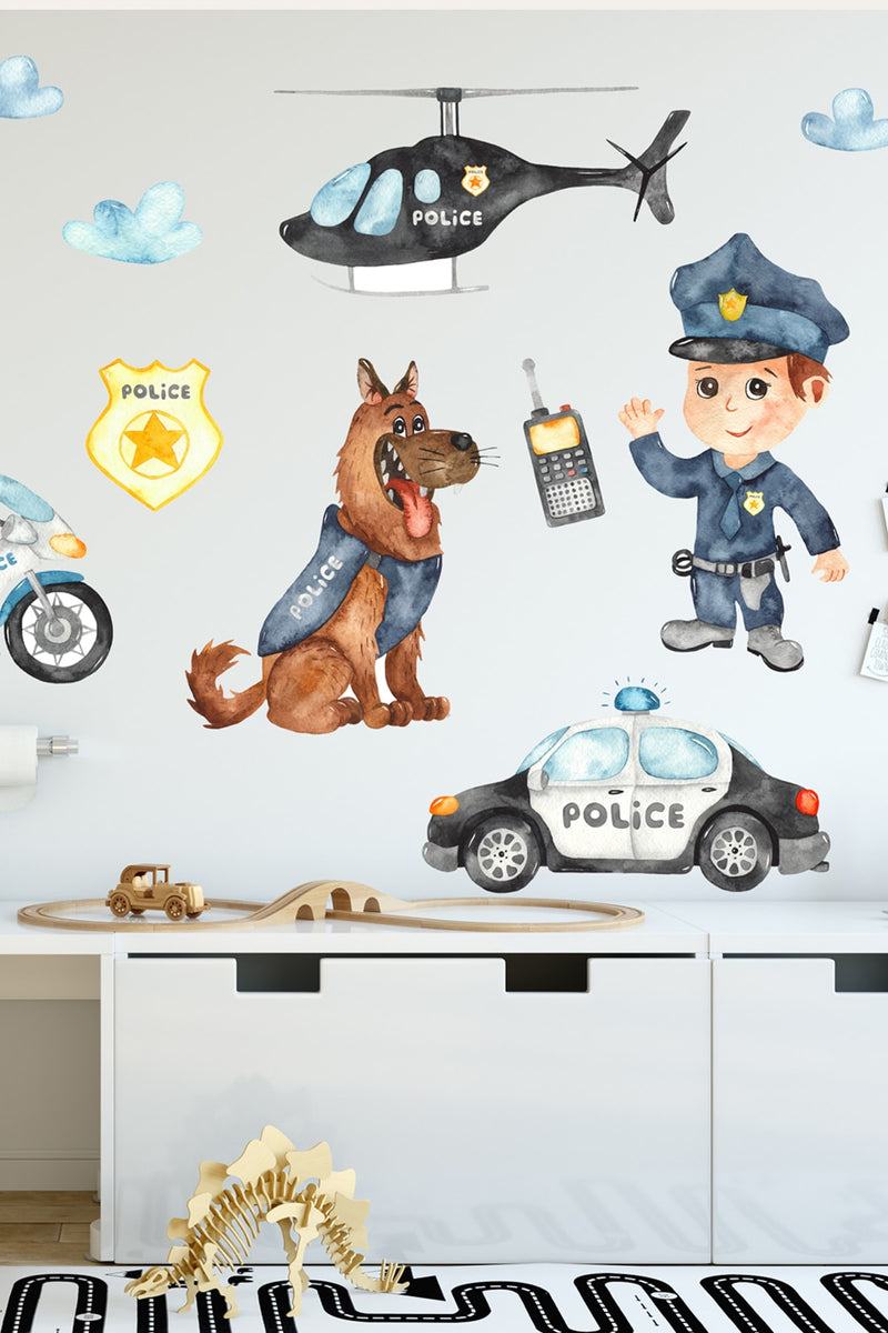 Sevimli Polis Ve Köpeği Çocuk Odası Duvar Sticker Seti