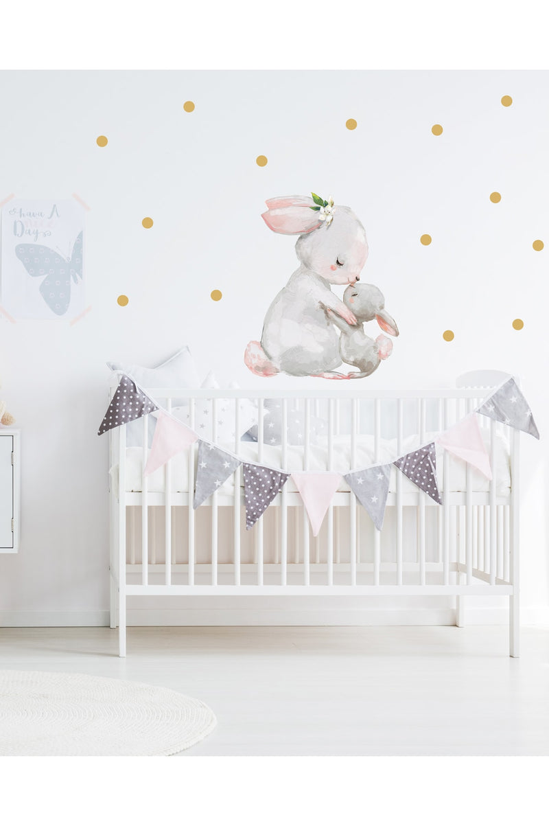 Annesi Yavrusu Tavşanlar Puantiyeli Duvar Sticker Seti