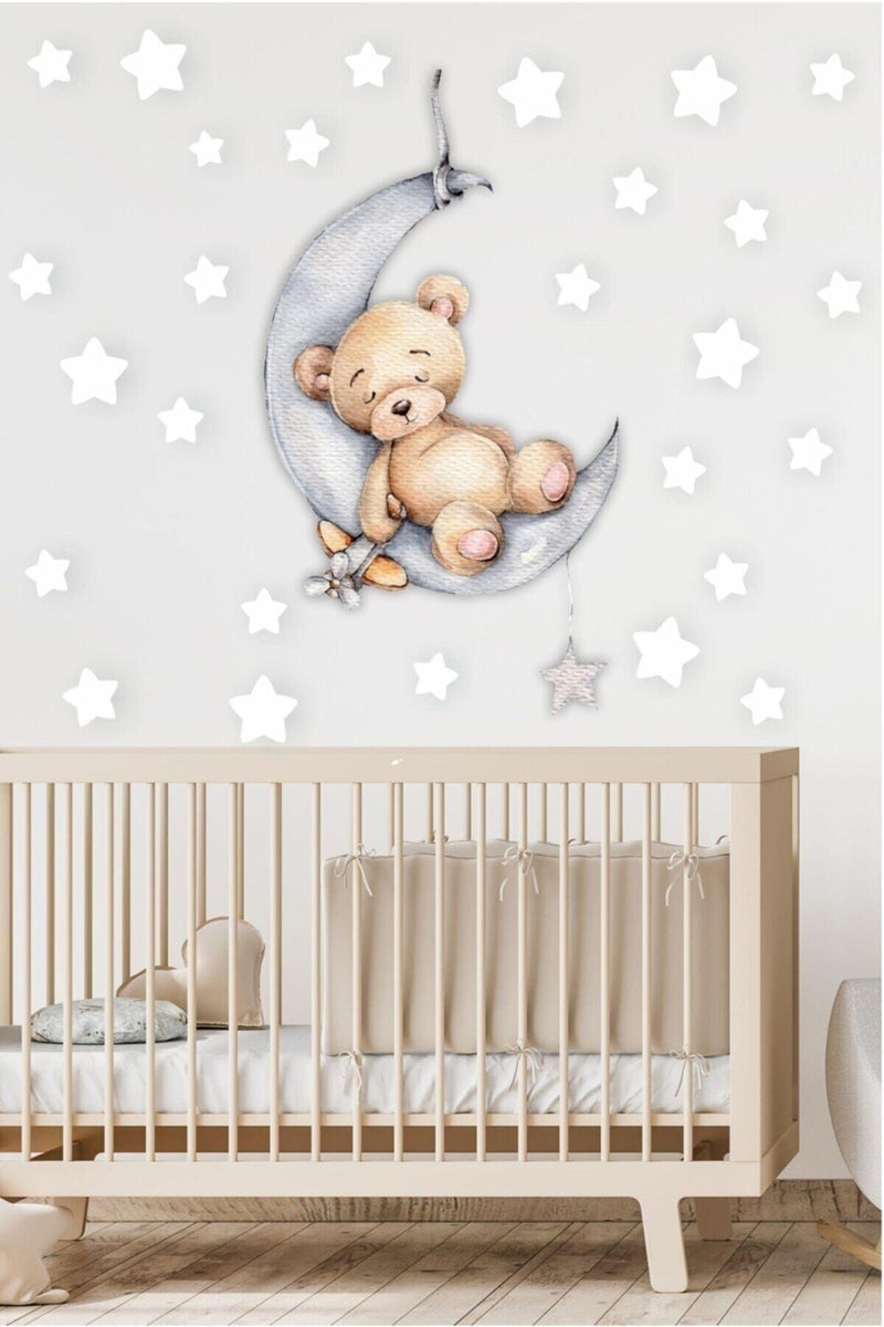 Ayda Uyuyan Sevimli Ayıcık Ve Beyaz Yıldızlar Çocuk Bebek Odası Sticker Seti