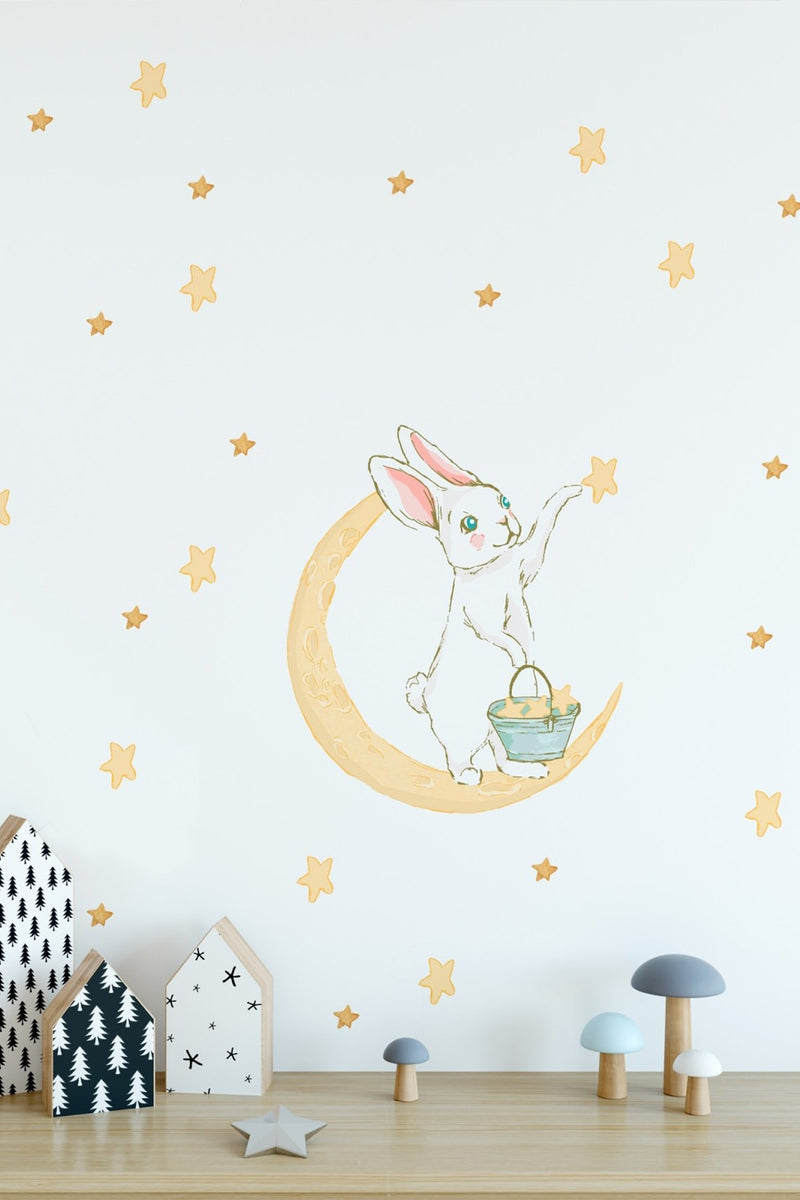 Sarı Ay Üzerinde Sevimli Tavşan Ve Yıldızlar Çocuk Odası Duvar Sticker Seti