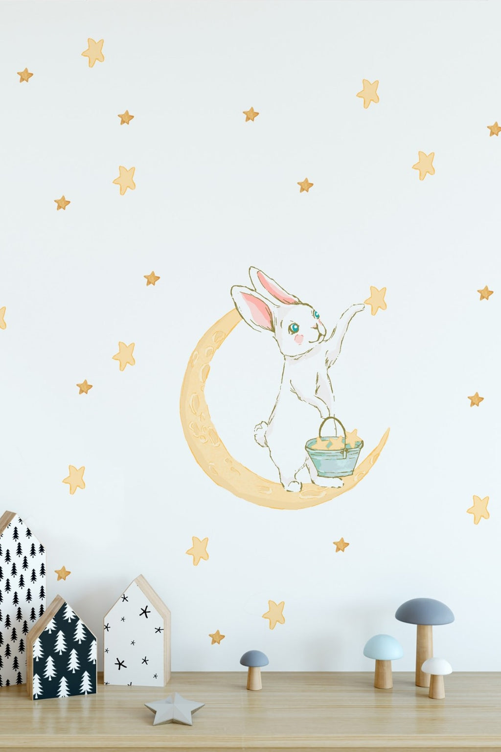 Sarı Ay Üzerinde Sevimli Tavşan Ve Yıldızlar Çocuk Odası Duvar Sticker Seti