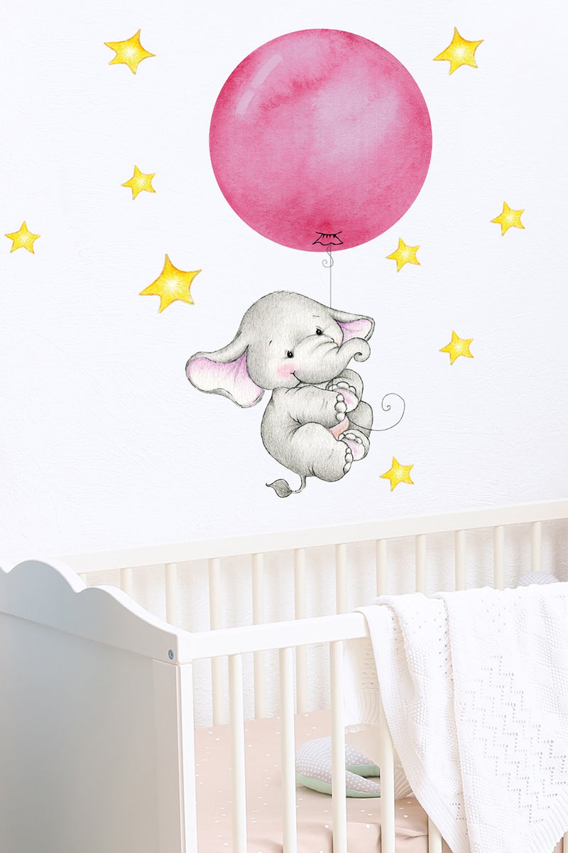 Pembe Balonlu Sevimli Fil Duvar Sticker Seti