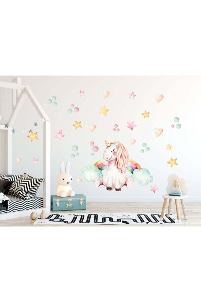 Unicorn Rüyası Renkli Puantiye Yıldızlar Ve Kalpler Duvar Sticker Seti